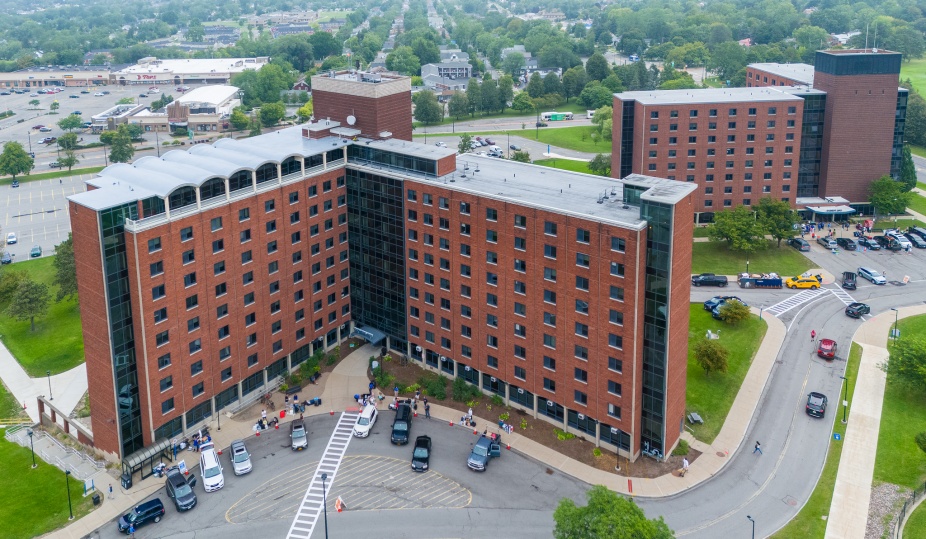 Aerial photo of Goodyear Hall and Clement Hall. 