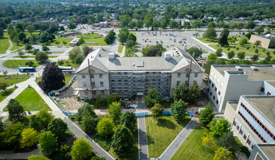 Aerial view of Foster Hall under renovation. 