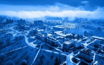 Arial view of Hayes Hall tinted blue.