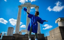 Rutuja Sawant poses for photos at Baird Point on North Campus to celebrate her graduation from the College of Arts and Sciences on May 16, 2020. The graduation ceremony was moved to a virtual presentation because of the COVID-19 response. Photographer: Douglas Levere.