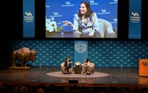 Zoom image: Technologist, Nicholas Thompson, and neuroscientist, Nita Farahany, discuss the future of Arificial Intelligence at the Center for the Arts on Nov. 16, 2023. 