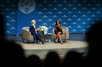 Zoom image: History-Making Inaugural Poet, Amanda Gorman, speaking with Dr. Cristanne Miller at the Center for the Arts on Mar. 26, 2024. 