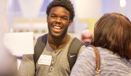 Student and alumna conversing during Buffalo Career Conversations.