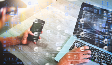 Blockchain technology concept with diagram of chain and encrypted blocks. Businessman hand attending video conference with laptop computer at desk in office.