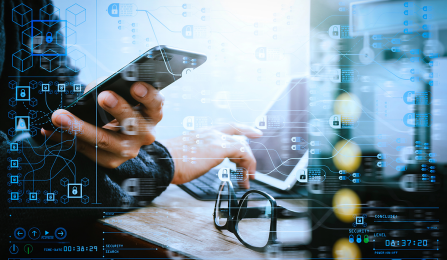 Blockchain technology concept with diagram of chain and encrypted blocks. Hand holds smartphone with glasses on the table. 