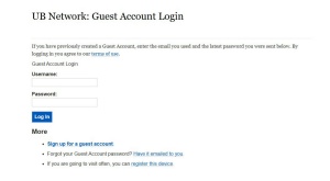 Zoom image: Enter your guest username and password in their respective fields, then click Log In. If you need to connect for a longer period of time, click Register this device, then log in using your username and password and enter the device and its mac address and click Create Device