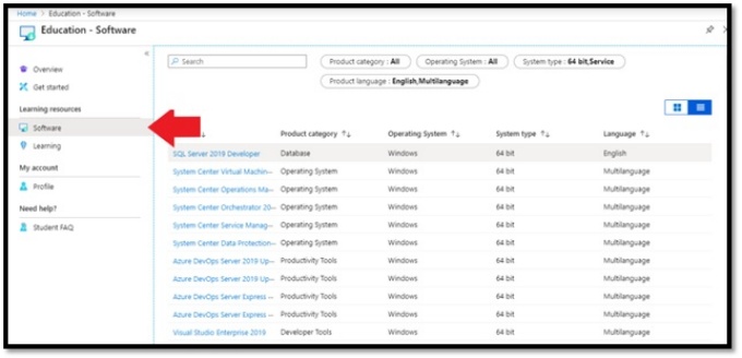 A red arrow on a screen capture points out the software link, located on the left side of the Microsot Azure page. 