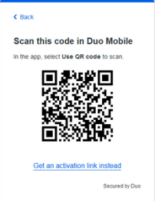 Using your phone or tablet, scan the QR code displayed in Duo Mobile. 