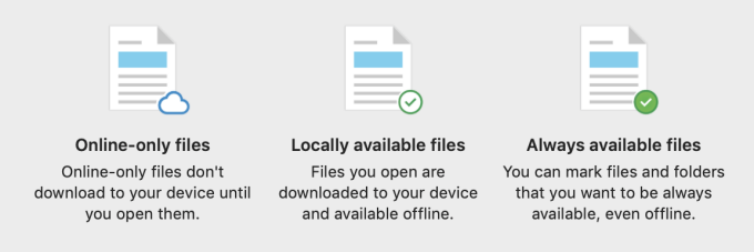 Online-only files have a cloud next to them. Locally available files show a white circle with a green checkmark. File available online and offline are indicated with a green circle and a white checkmark.