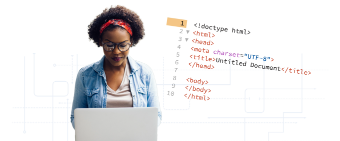 A young woman types on a laptop, while HTML code is displayed in the background.