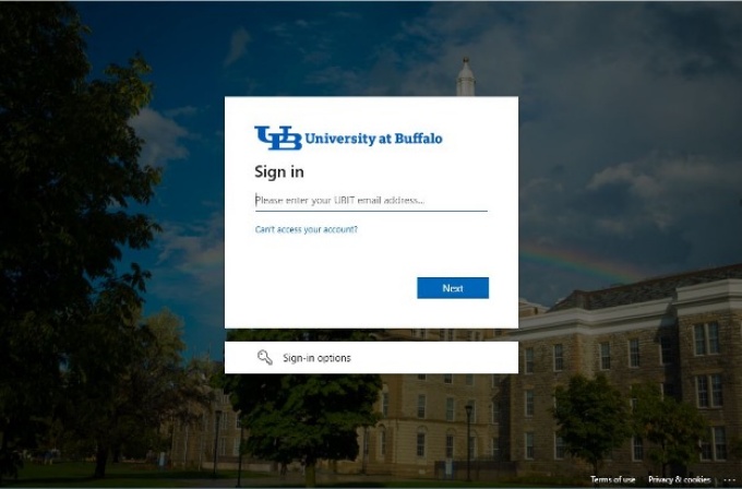Log in using your complete@buffalo.edu email address and UBITName password. 