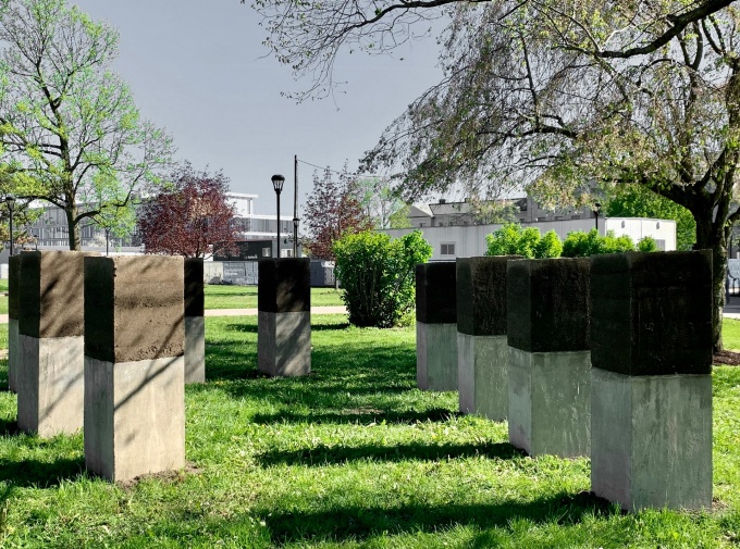 The memorial "Plinths to Piles" on the South Campus. 