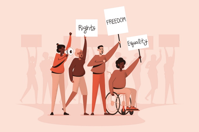 Concept of rights, freedom and equality featuring people protesting holding signs. 