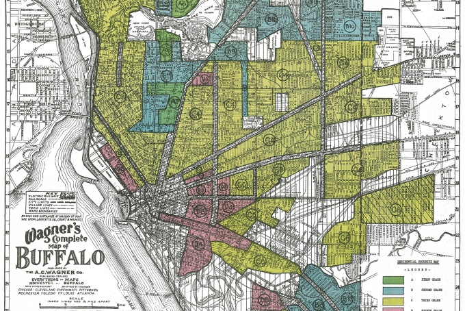 Map of Buffalo with areas colored in blue, green and red. 