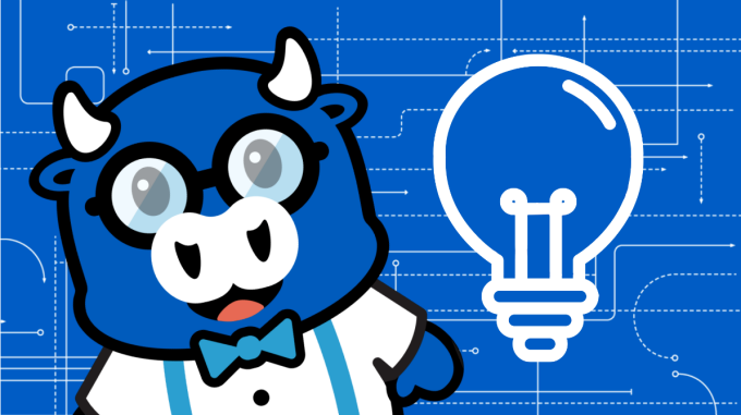 Victor Bull character, wearing glasses and a bowtie, next to a light bulb icon.