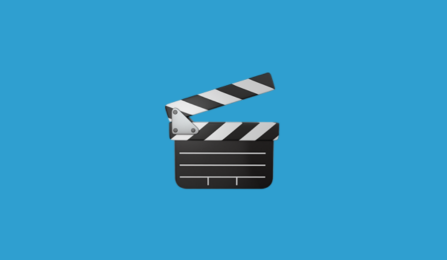 A film clapper board emoji on a blue background.