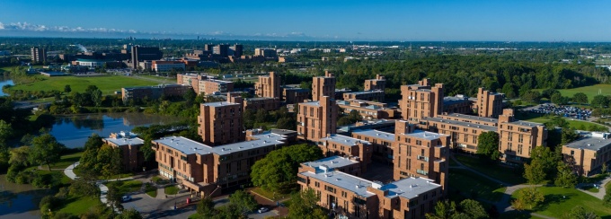 Exterior aerial image the North Campus in the fall taken in September 2023. The Ellicott Residence Hall Complex is center. Photographer: Douglas Levere. 