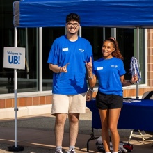 A help station outside Capen Hall offers assistance on the first day of classes for the fall semester in August 2024. Photographer: Meredith Forrest Kulwicki. 