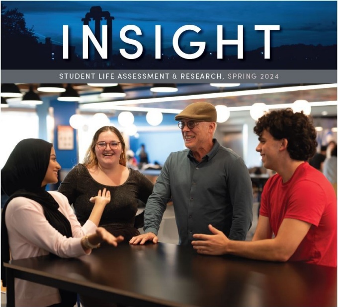 Spring 2024 Insight masthead and lead photo: students interacting with the dean of students. 