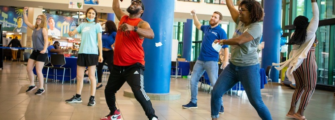 UB Counseling Services sponsored a “Pre-Juneteenth Wellness Celebration” in the Student Union lobby in June 2022. Participants also danced to Afrobeat — a music genre that combines West African and American musical styles. 