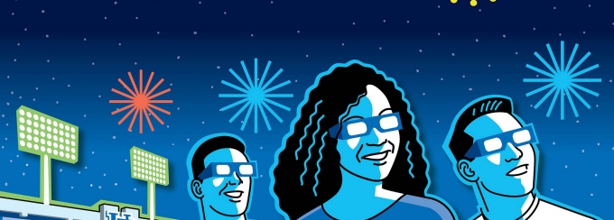 Cartoon image of three UB students with UB stadium and fireworks in the background. 