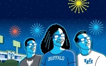 Cartoon image of three UB students with UB stadium and fireworks in the background. 