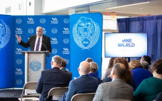 Zoom image: UB formally celebrated the opening of the One World Café campus hub and dining facility with an event and ribbon cutting in March 2022. Photographer: Meredith Forrest Kulwicki