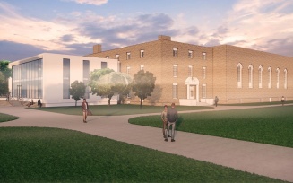 Zoom image: Exterior building view - proposed artist rendering wellness and recreation center on the South Campus.