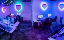 Students in the newly opened Esports space, sponsored by the Office of Student Life, in Hadley Village photographed in March 2021. Photographer: Douglas Levere This image has been approved by University Communications—under the guidance of UB’s Office of Environment, Health and Safety—to align with current health and safety regulations during the COVID-19 pandemic.