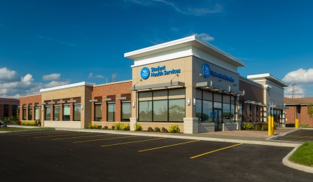 The exterior of the new Student Health Services center, located at 4350 Maple Road, near Sweet Home Road, photographed in August 2022. Photographer: Douglas Levere.