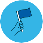 Hand holding a blue flag icon. 