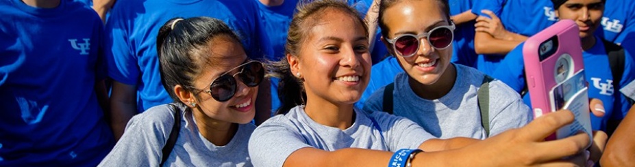 Students take a selfie during the assembly of the Interlocking UB in 2016.